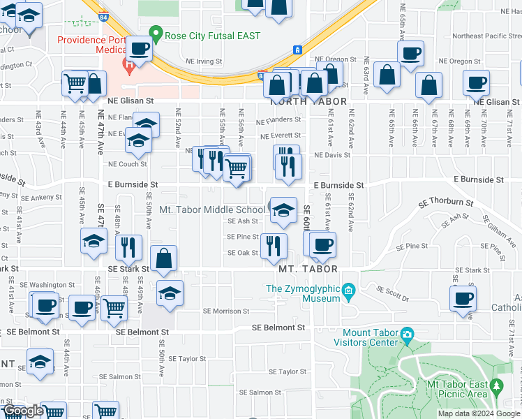 map of restaurants, bars, coffee shops, grocery stores, and more near 5636 Southeast Ankeny Street in Portland
