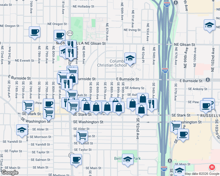 map of restaurants, bars, coffee shops, grocery stores, and more near 65 Southeast 88th Avenue in Portland