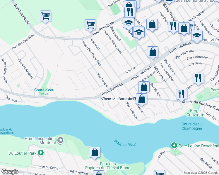 map of restaurants, bars, coffee shops, grocery stores, and more near 749 Rue Pesant in Laval
