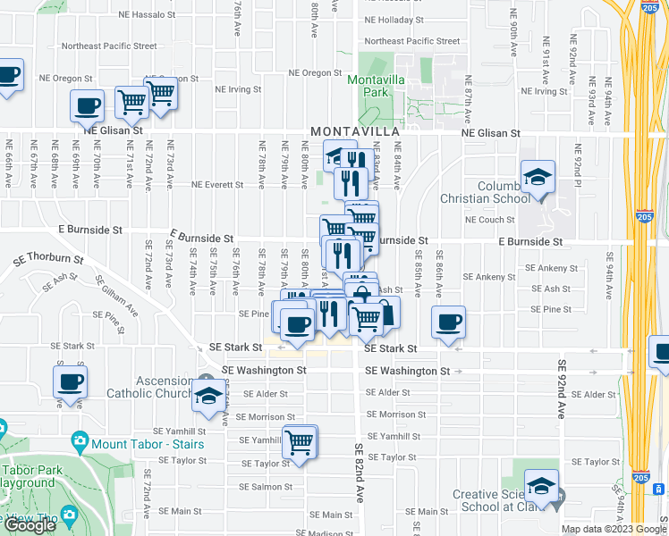 map of restaurants, bars, coffee shops, grocery stores, and more near 101 Southeast 82nd Avenue in Portland