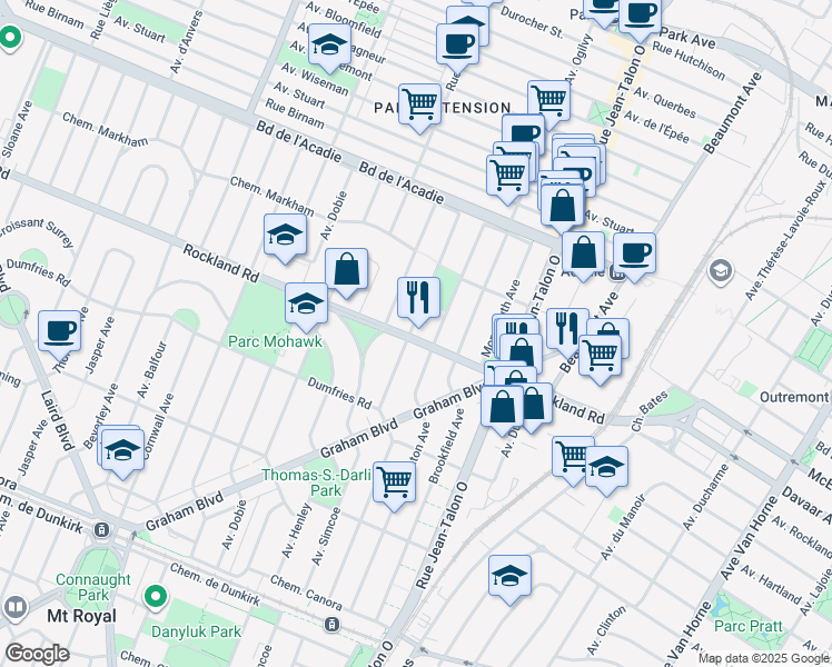 map of restaurants, bars, coffee shops, grocery stores, and more near 575 Chemin Rockland in Mont-Royal