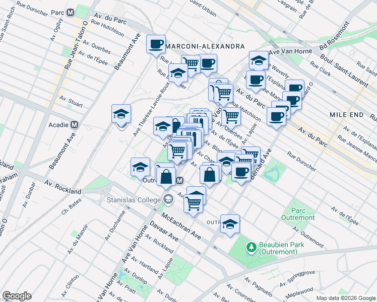map of restaurants, bars, coffee shops, grocery stores, and more near 1275 Avenue Van Horne in Montrã©Al