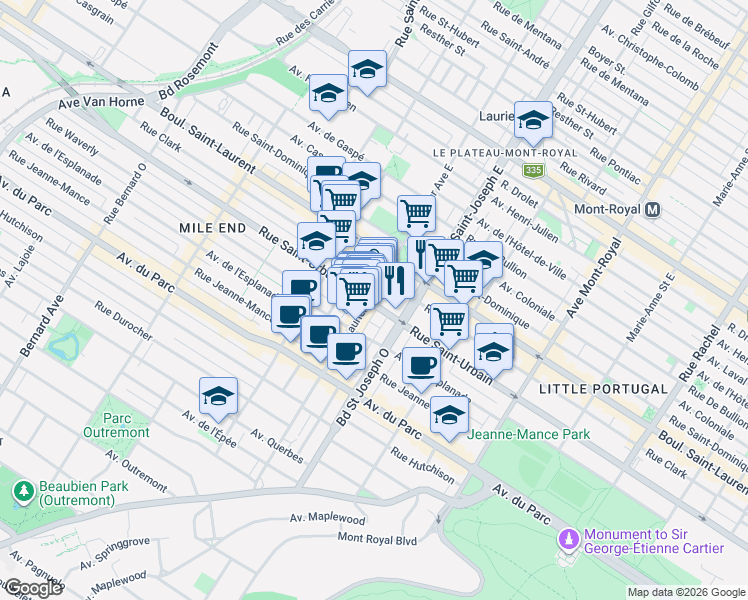 map of restaurants, bars, coffee shops, grocery stores, and more near 96a Avenue Laurier Ouest in Montréal