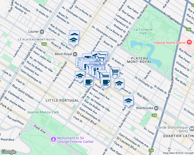map of restaurants, bars, coffee shops, grocery stores, and more near 4177 Rue Saint Denis in Montreal