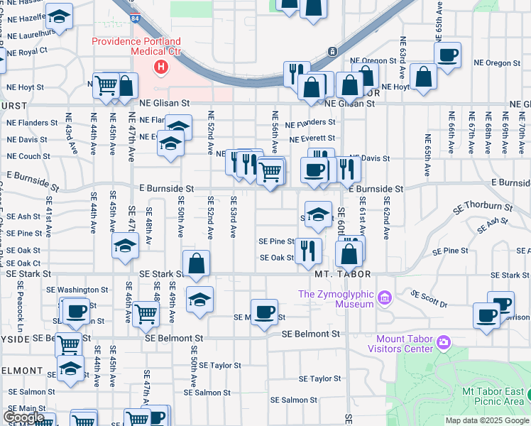 map of restaurants, bars, coffee shops, grocery stores, and more near 5522 Southeast Ankeny Street in Portland