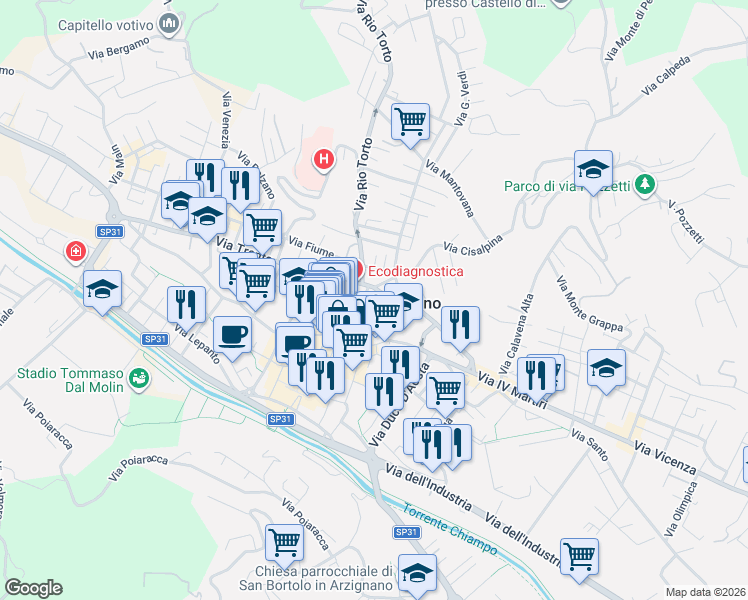 map of restaurants, bars, coffee shops, grocery stores, and more near 40 Via Luigi Cazzavillan in Arzignano