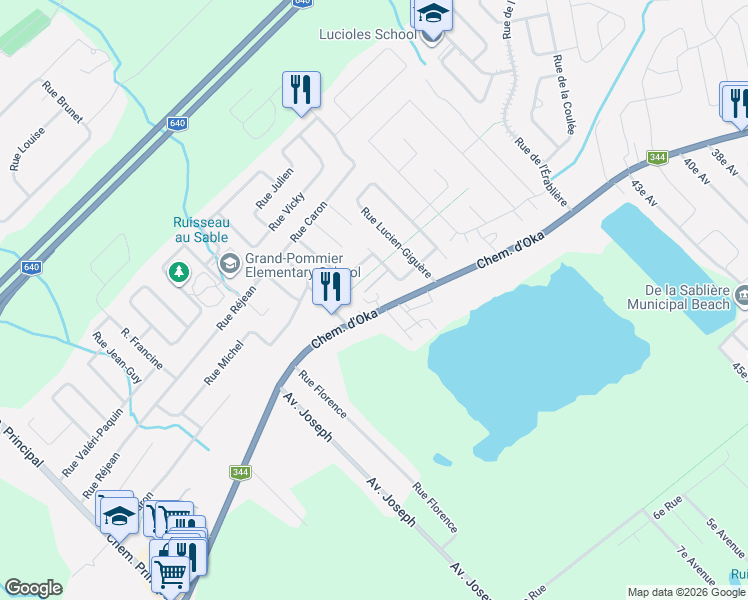 map of restaurants, bars, coffee shops, grocery stores, and more near 3497 Chemin d'Oka in Saint-Joseph-du-Lac