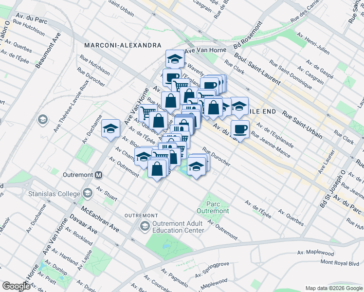 map of restaurants, bars, coffee shops, grocery stores, and more near 1089 Rue Bernard Ouest in Montréal