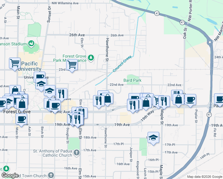map of restaurants, bars, coffee shops, grocery stores, and more near 2717 Maywood Drive in Forest Grove