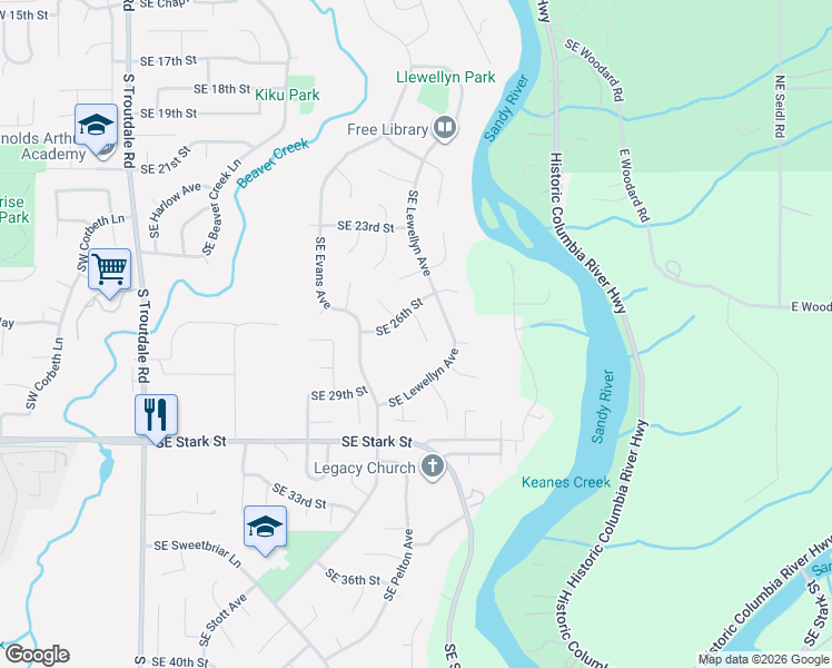 map of restaurants, bars, coffee shops, grocery stores, and more near 2705 Southeast Hicklin Court in Troutdale