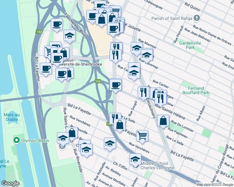 map of restaurants, bars, coffee shops, grocery stores, and more near 1168 Rue Saint-Laurent Ouest in Longueuil