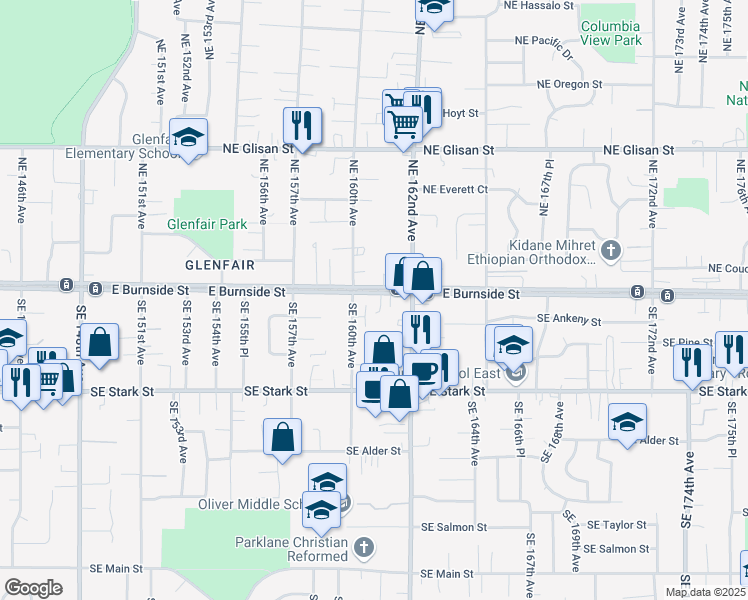 map of restaurants, bars, coffee shops, grocery stores, and more near 16060 East Burnside Street in Portland