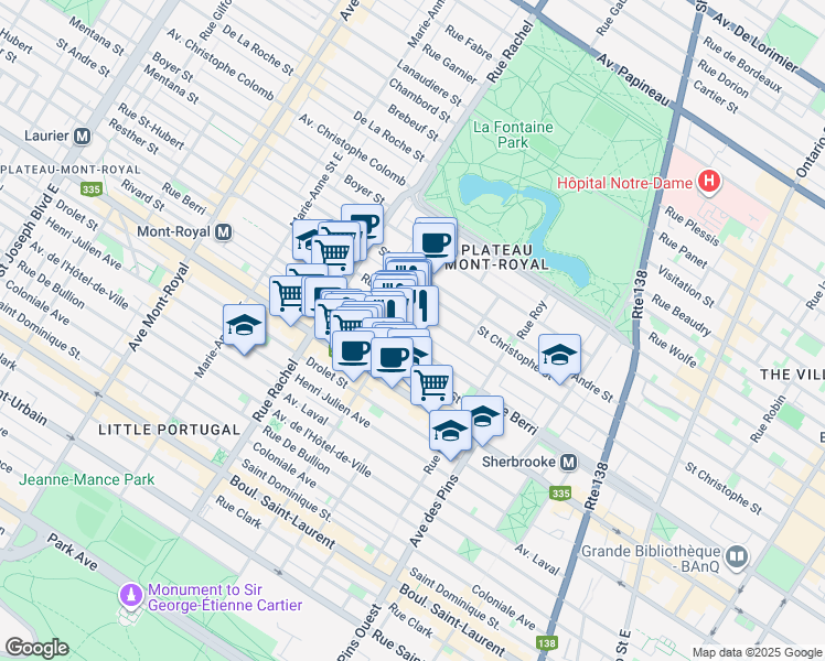 map of restaurants, bars, coffee shops, grocery stores, and more near 4008 Avenue de Chateaubriand in Montreal