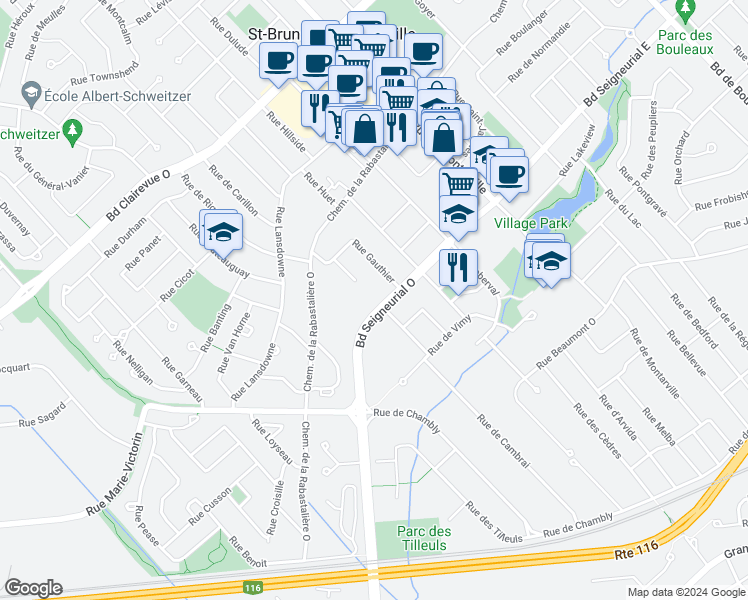 map of restaurants, bars, coffee shops, grocery stores, and more near 205 Boulevard Seigneurial Ouest in Saint-Bruno-de-Montarville