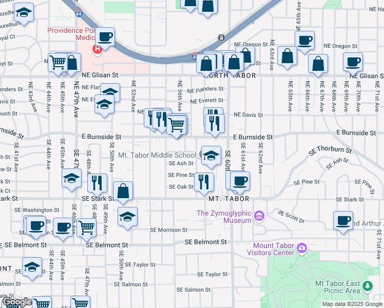 map of restaurants, bars, coffee shops, grocery stores, and more near 5624 Southeast Ankeny Street in Portland