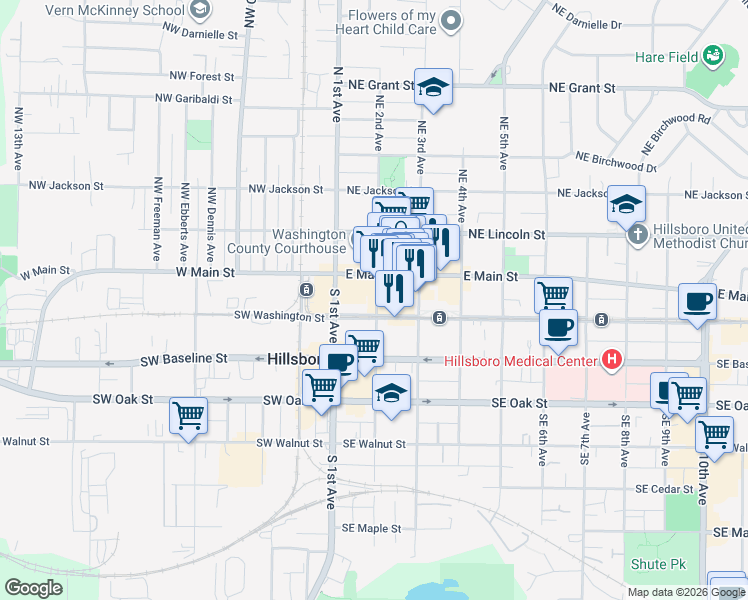 map of restaurants, bars, coffee shops, grocery stores, and more near 151 Southeast 2nd Avenue in Hillsboro