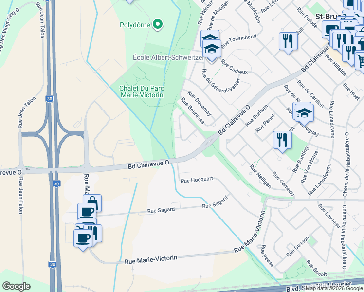 map of restaurants, bars, coffee shops, grocery stores, and more near 291 Rue Deslières in St-Bruno-de-Montarville