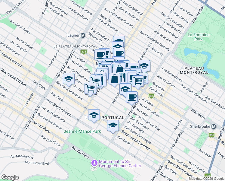 map of restaurants, bars, coffee shops, grocery stores, and more near 4401 Avenue Laval in Montréal