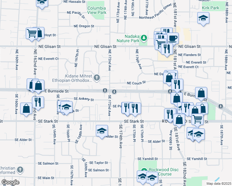 map of restaurants, bars, coffee shops, grocery stores, and more near 17256 East Burnside Street in Portland