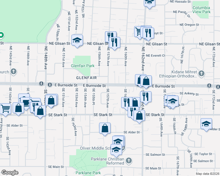 map of restaurants, bars, coffee shops, grocery stores, and more near 15650 East Burnside Street in Portland