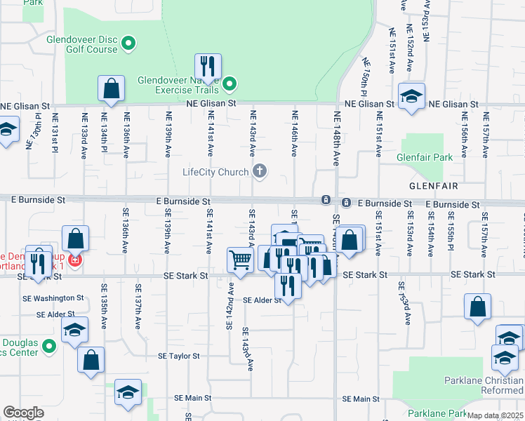 map of restaurants, bars, coffee shops, grocery stores, and more near 14360 East Burnside Street in Portland