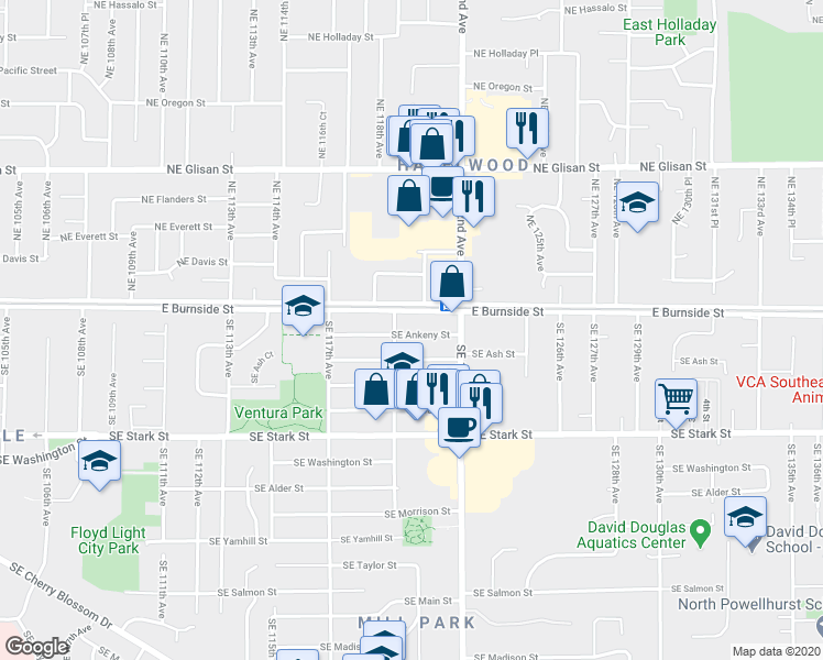 map of restaurants, bars, coffee shops, grocery stores, and more near 11933 Southeast Ankeny Street in Portland
