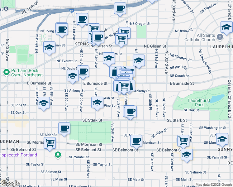 map of restaurants, bars, coffee shops, grocery stores, and more near 2640 Southeast Ankeny Street in Portland