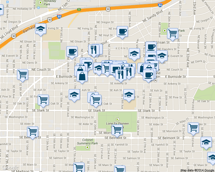 map of restaurants, bars, coffee shops, grocery stores, and more near 2222-2224 Southeast Ankeny Street in Portland