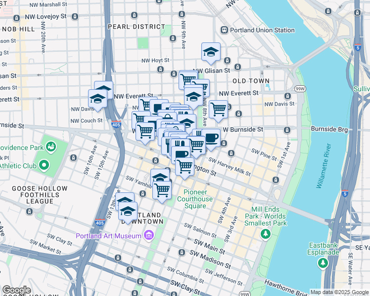 map of restaurants, bars, coffee shops, grocery stores, and more near 915 Southwest Harvey Milk Street in Portland