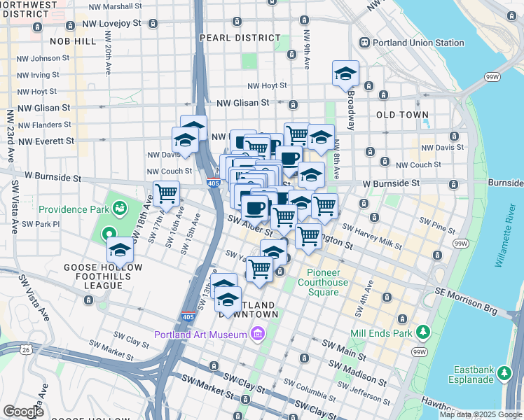 map of restaurants, bars, coffee shops, grocery stores, and more near 1205 Southwest Washington Street in Portland
