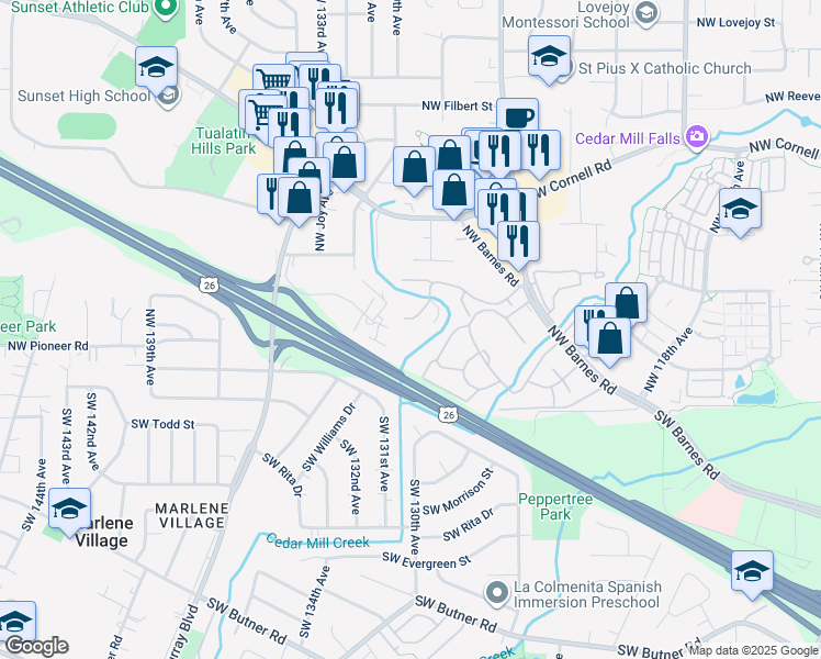 map of restaurants, bars, coffee shops, grocery stores, and more near 13025 Northwest Glenridge Drive in Portland