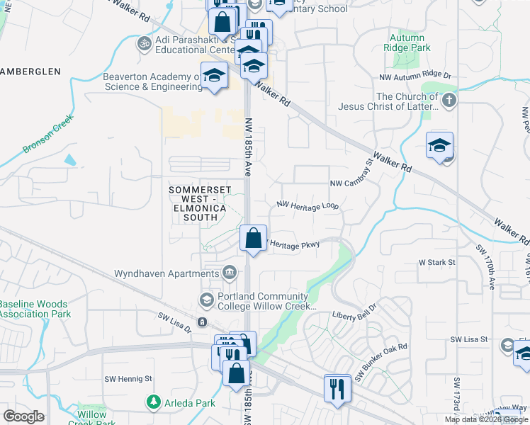 map of restaurants, bars, coffee shops, grocery stores, and more near 18457 Northwest Tara Street in Beaverton
