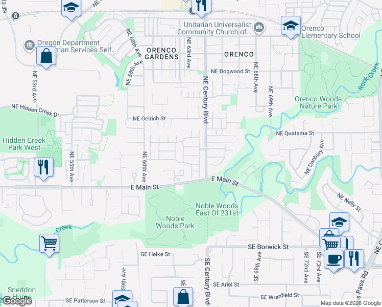 map of restaurants, bars, coffee shops, grocery stores, and more near 6411 Northeast Meadowgate Court in Hillsboro
