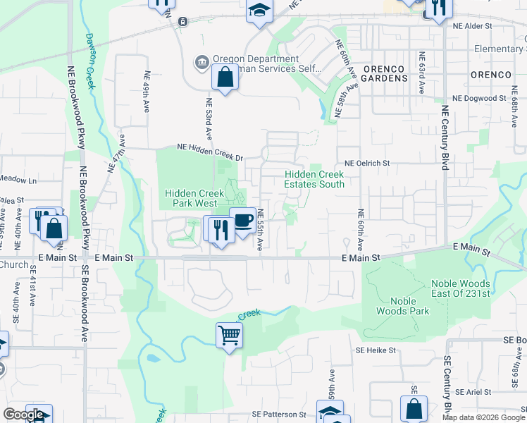 map of restaurants, bars, coffee shops, grocery stores, and more near 189 Northeast 55th Avenue in Hillsboro