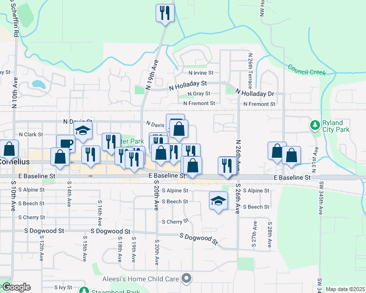 map of restaurants, bars, coffee shops, grocery stores, and more near 102 N 20th Ave in Cornelius