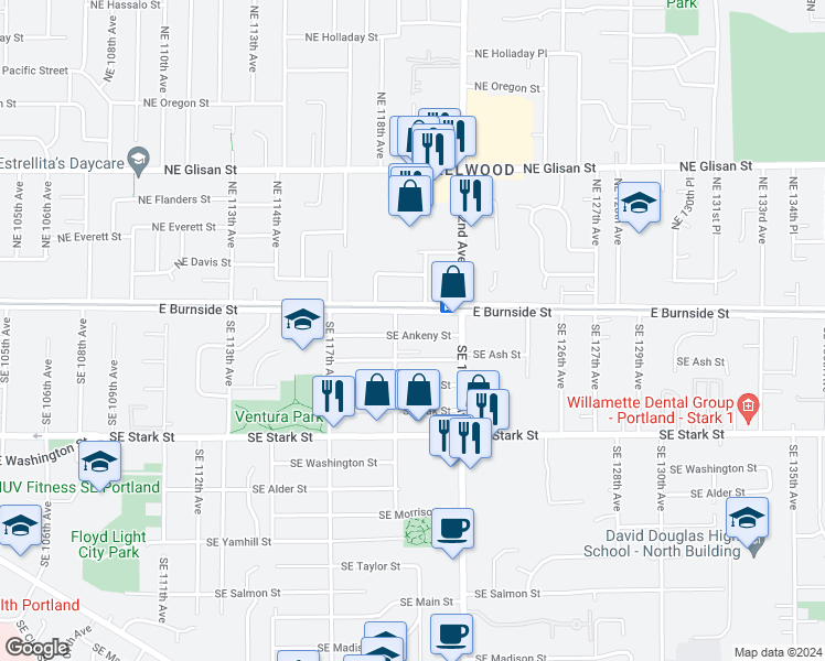 map of restaurants, bars, coffee shops, grocery stores, and more near 11925 Southeast Ankeny Street in Portland