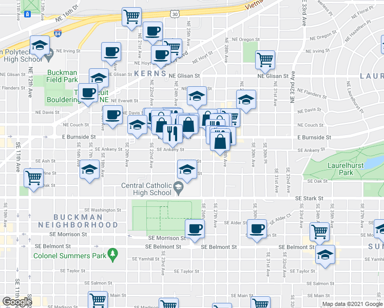 map of restaurants, bars, coffee shops, grocery stores, and more near 2514 Southeast Ankeny Street in Portland