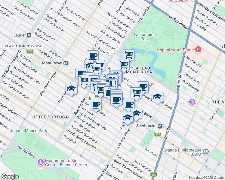 map of restaurants, bars, coffee shops, grocery stores, and more near in Montreal