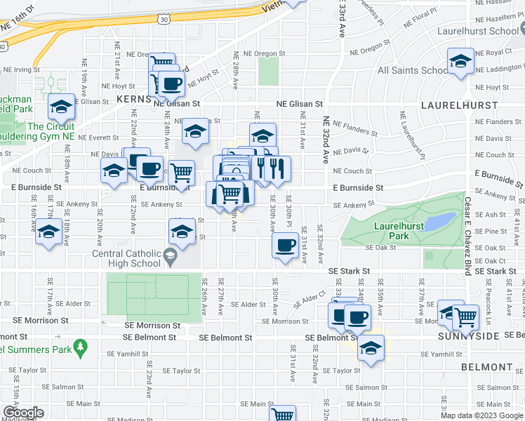 map of restaurants, bars, coffee shops, grocery stores, and more near 2912 Southeast Ankeny Street in Portland