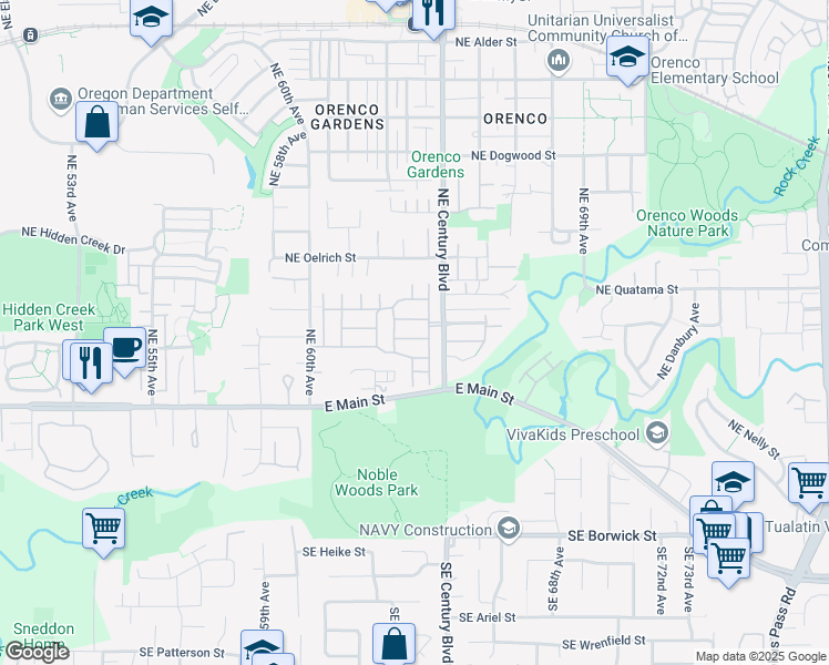 map of restaurants, bars, coffee shops, grocery stores, and more near 6411 Northeast Meadowgate Court in Hillsboro