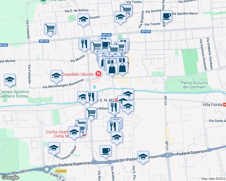 map of restaurants, bars, coffee shops, grocery stores, and more near 25 Via della Martesana in Cernusco sul Naviglio