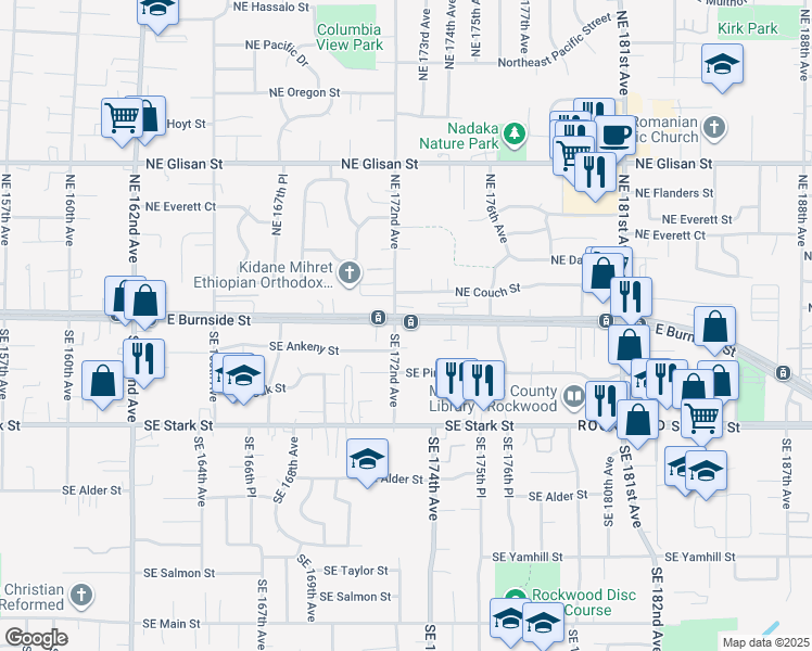 map of restaurants, bars, coffee shops, grocery stores, and more near 17256 East Burnside Street in Portland