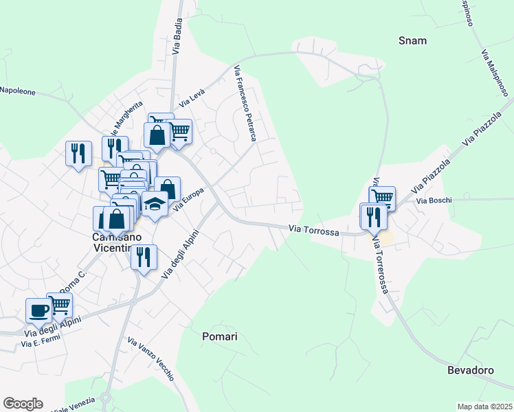 map of restaurants, bars, coffee shops, grocery stores, and more near 72 Via Filanda in Camisano Vicentino