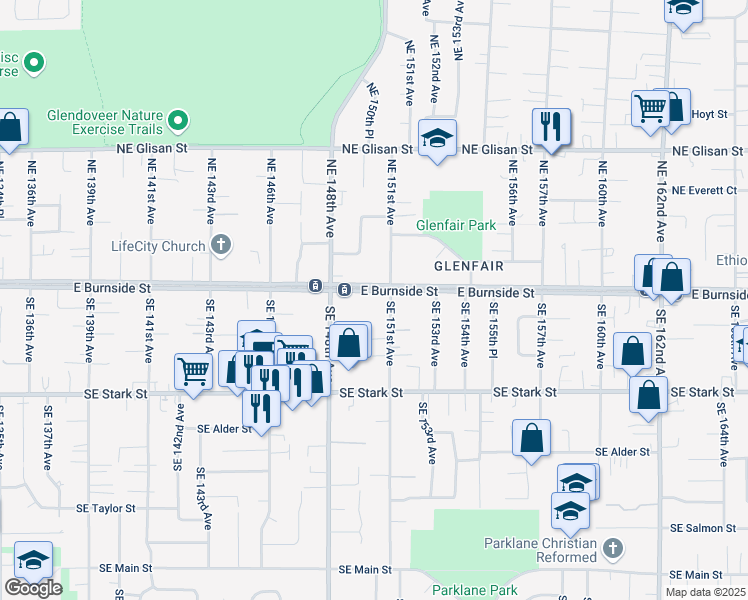 map of restaurants, bars, coffee shops, grocery stores, and more near 15000 East Burnside Street in Portland