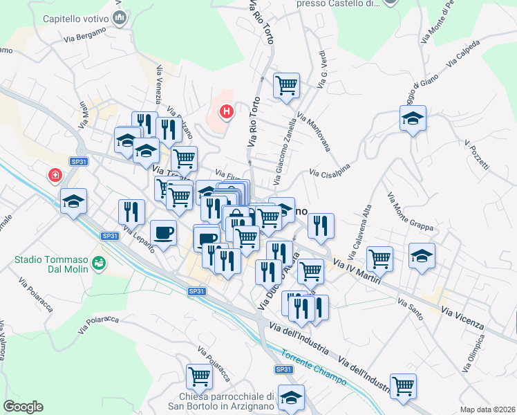 map of restaurants, bars, coffee shops, grocery stores, and more near 40 Via Luigi Cazzavillan in Arzignano