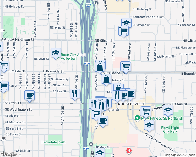 map of restaurants, bars, coffee shops, grocery stores, and more near 38 Southeast 97th Avenue in Portland