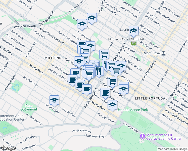 map of restaurants, bars, coffee shops, grocery stores, and more near 98 Avenue Laurier Ouest in Montréal
