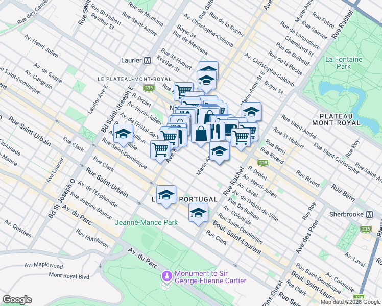 map of restaurants, bars, coffee shops, grocery stores, and more near 4425 Avenue Laval in Montreal