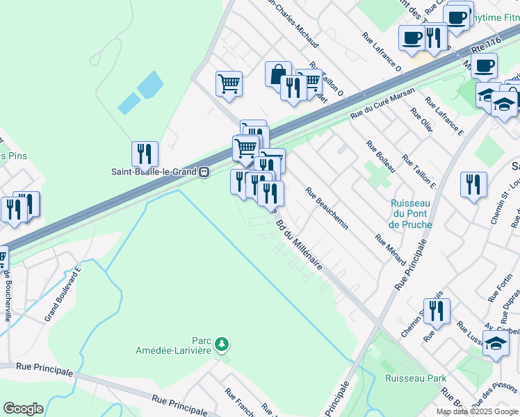 map of restaurants, bars, coffee shops, grocery stores, and more near 2210 Boulevard du Millénaire in Saint-Basile-le-Grand
