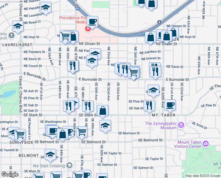 map of restaurants, bars, coffee shops, grocery stores, and more near 112 Southeast 52nd Avenue in Portland